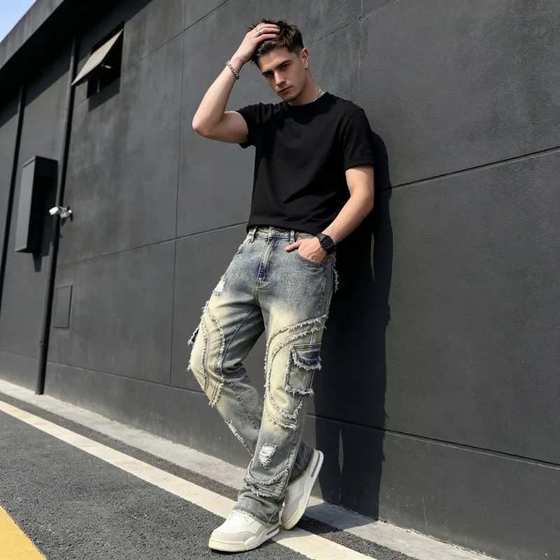 Mens European Fashion Distressed Holes Slim Stretch Straight Leg Denim Trousers Casual Versatile Long Pants