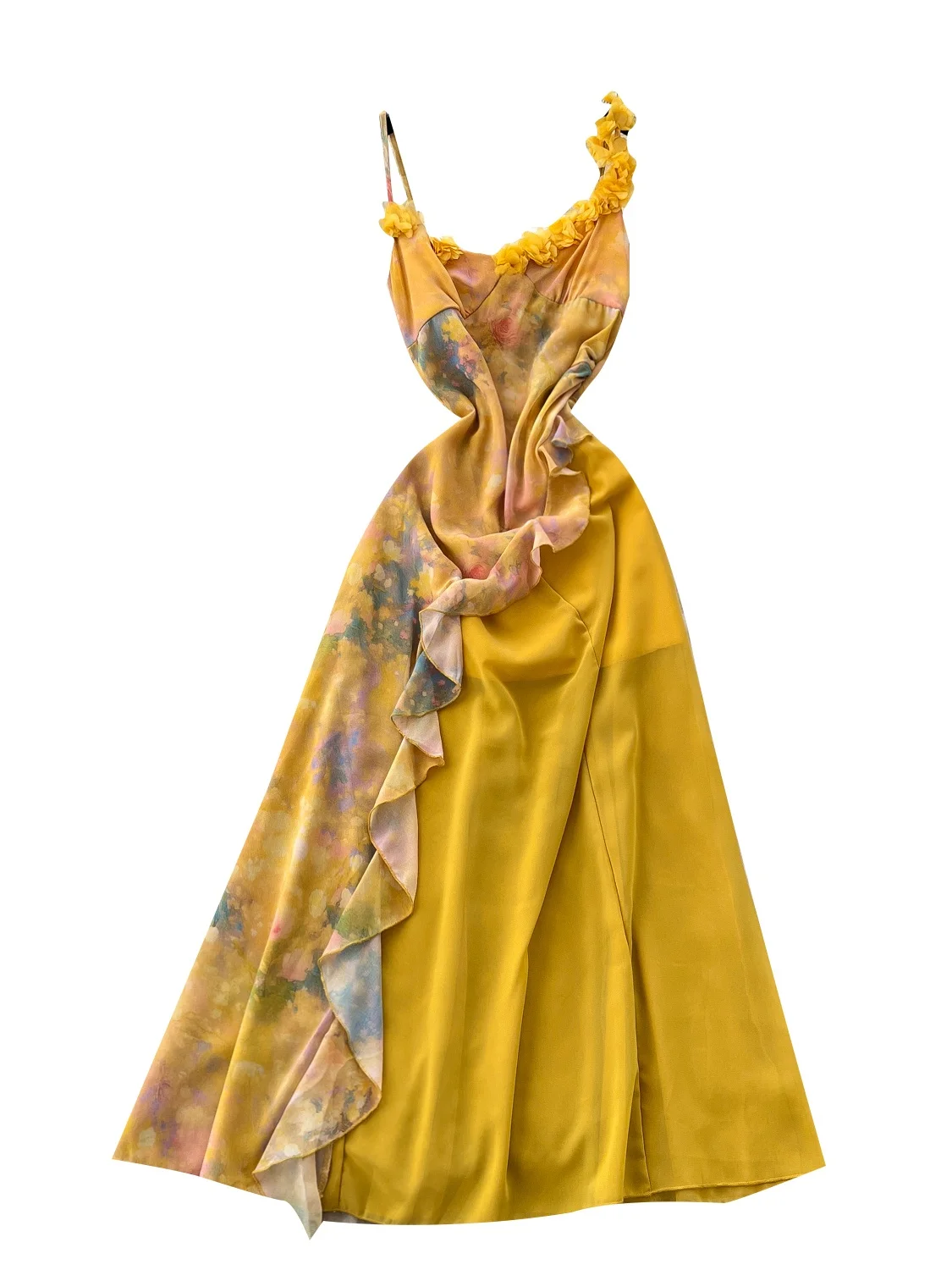 Pure Desire Design Unregelmäßige Spleißen Floral Chiffon Dr Frauen 3D Blume Taille Cinching Strap Lange Dr Koreanische Sle High...