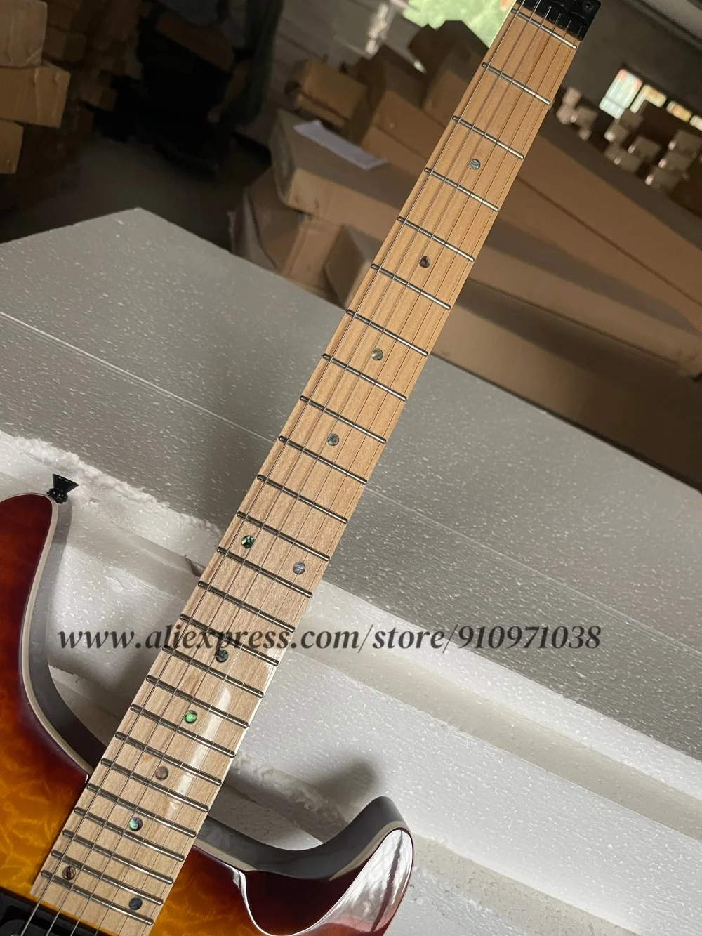4 strings carved matte red-brown guitar, gold bass bridge, maple neck  through ASH wood body, engraved patterns,four pickups
