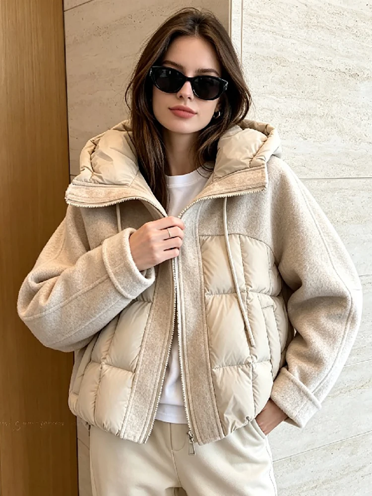 Women Mixed Fabric Spliced Puffer Jacket Hooded Drawstring Zip Up Long Sleeve Quilted Warm Cropped 2026 New Ladies Outerwear