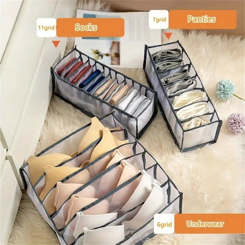3pcs/set 6 Grid 7 Grid 11 Grid Underwear Storage Bag Drawer Style Thickened Storage Box Household Dormitory Mesh Socks Bra