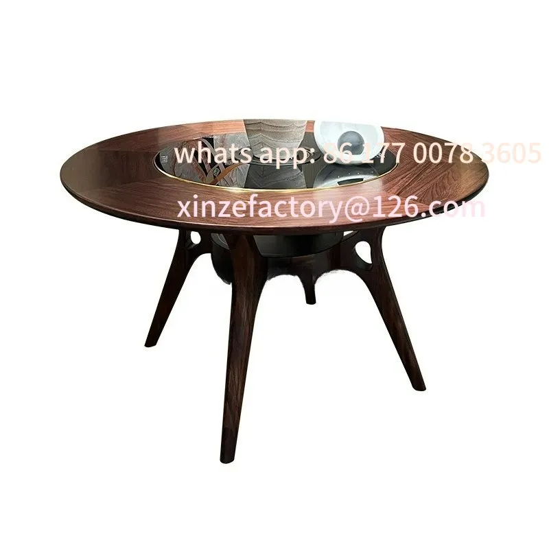 

Customizable Ebony solid wood induction cooker round dining table electric heating new Chinese simple luxury home