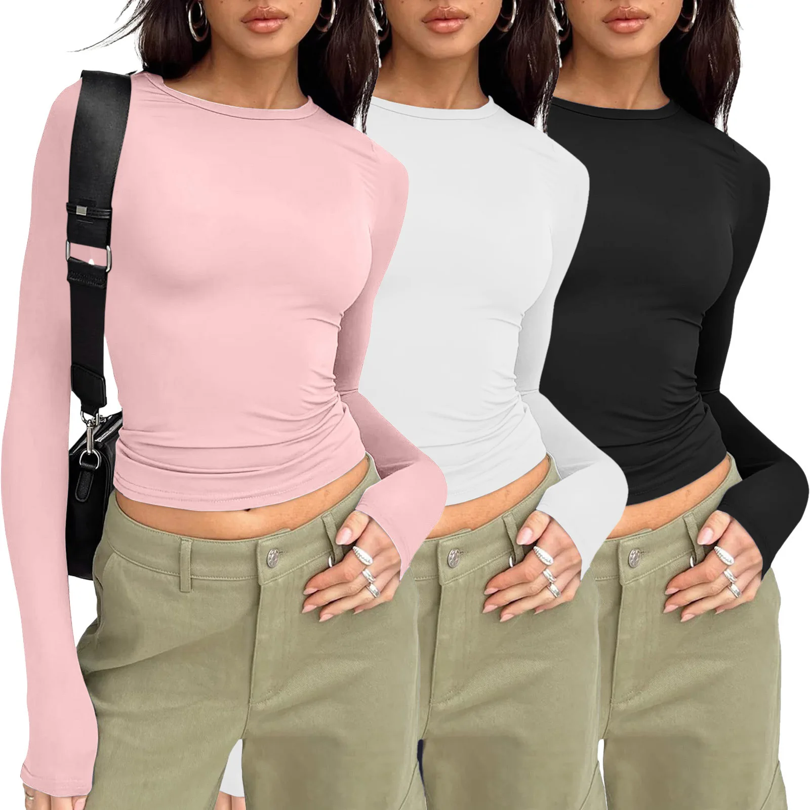 Pink Long Sleeve T-shirt Women 2024 Summer Cute White Crop Top Ladies  Slim O Neck Short Sleeve Tee Shirt Y2k Basic Top