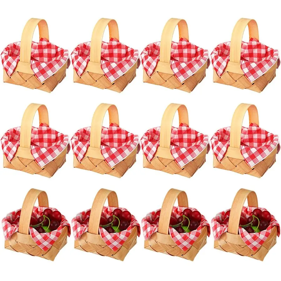 

24 Pcs Christmas Mini Woven Basket with Handle 30 Sheet Red and White Gingham Paper Napkins Wood Chip Mini Flower Fruit Picnic B