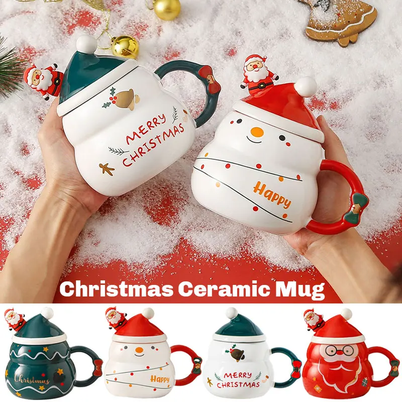 

Cute Boxed Ceramic Mug Christmas Gift Office Home Student Cartoon Mug Handle Cup W/Lid Santa Claus Spoon Milk Coffee Cup 480ML