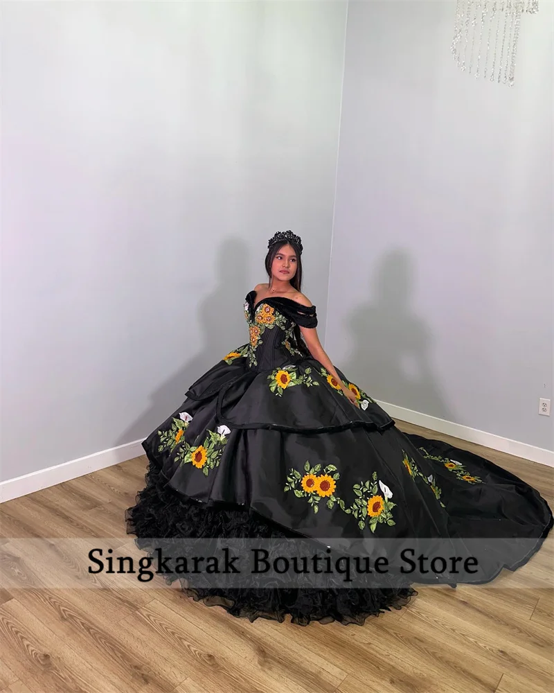 Luxe Zwarte Vestidos De 15 Quinceañera Zonnebloemen Borduren Kralen Jurk Off Schouder Sweet 16 Jurken Baljurk Aangepaste