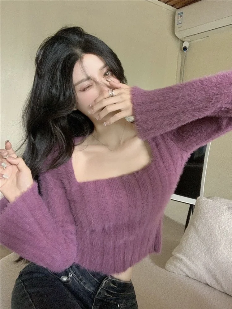 

Pure Desire Style Slim Fit Knitted Plush Short Sleeve Long Shirt Women's Spring Autumn Square Collar Base Shirt Polyester Fiber