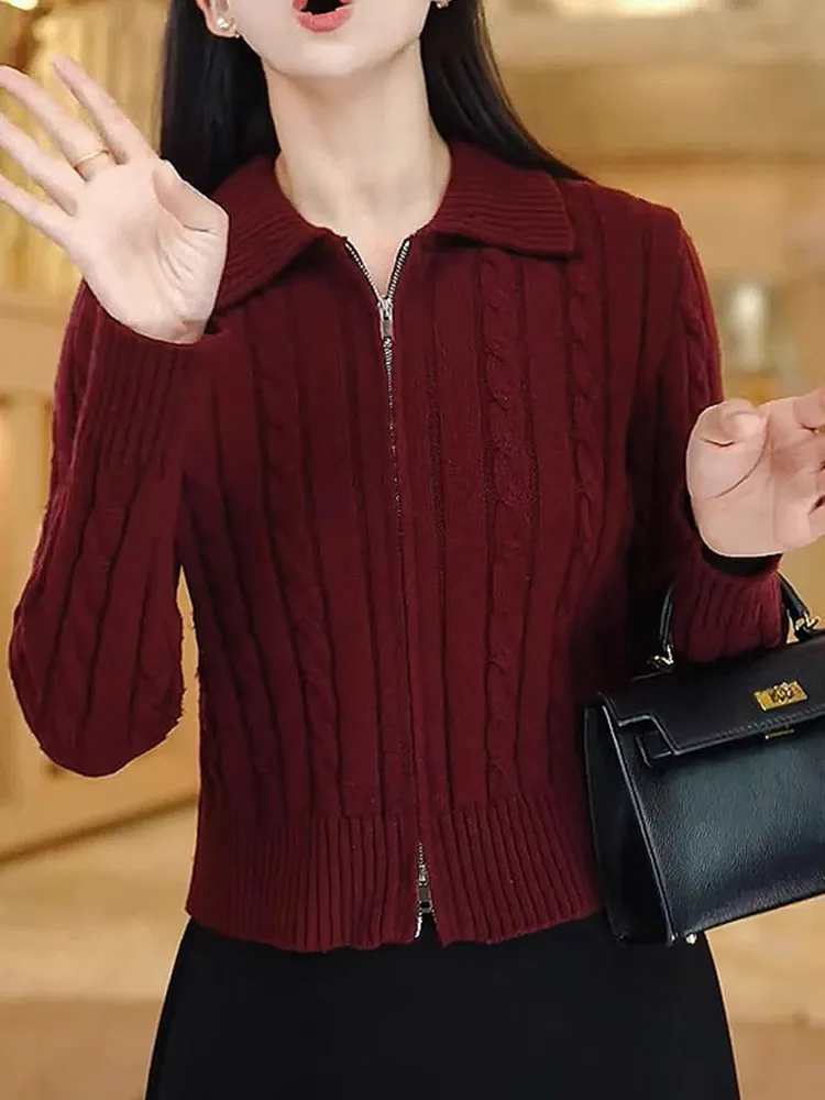 Double Zipper  Color Knitted Open Cardigan Casual Slimming Long Sve Leisurely Sle Women's Camere Sweater