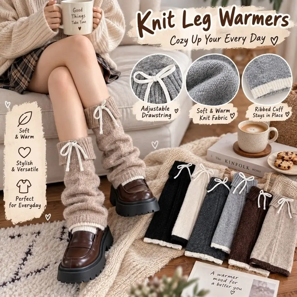 1 Pair Thick Knit Leg Warmer Bow Accent Warm Calf Warmer Stacked Fit Ribbed Cuff Slouch Leg Warmer Daily Winter Outfit Styling