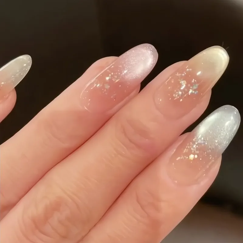 10Pcs Handmade Press on Oval Nails Playful Rainbow Color with Cat Eye Effect Glitter False Nails for Women&Girls Party&Daily Art