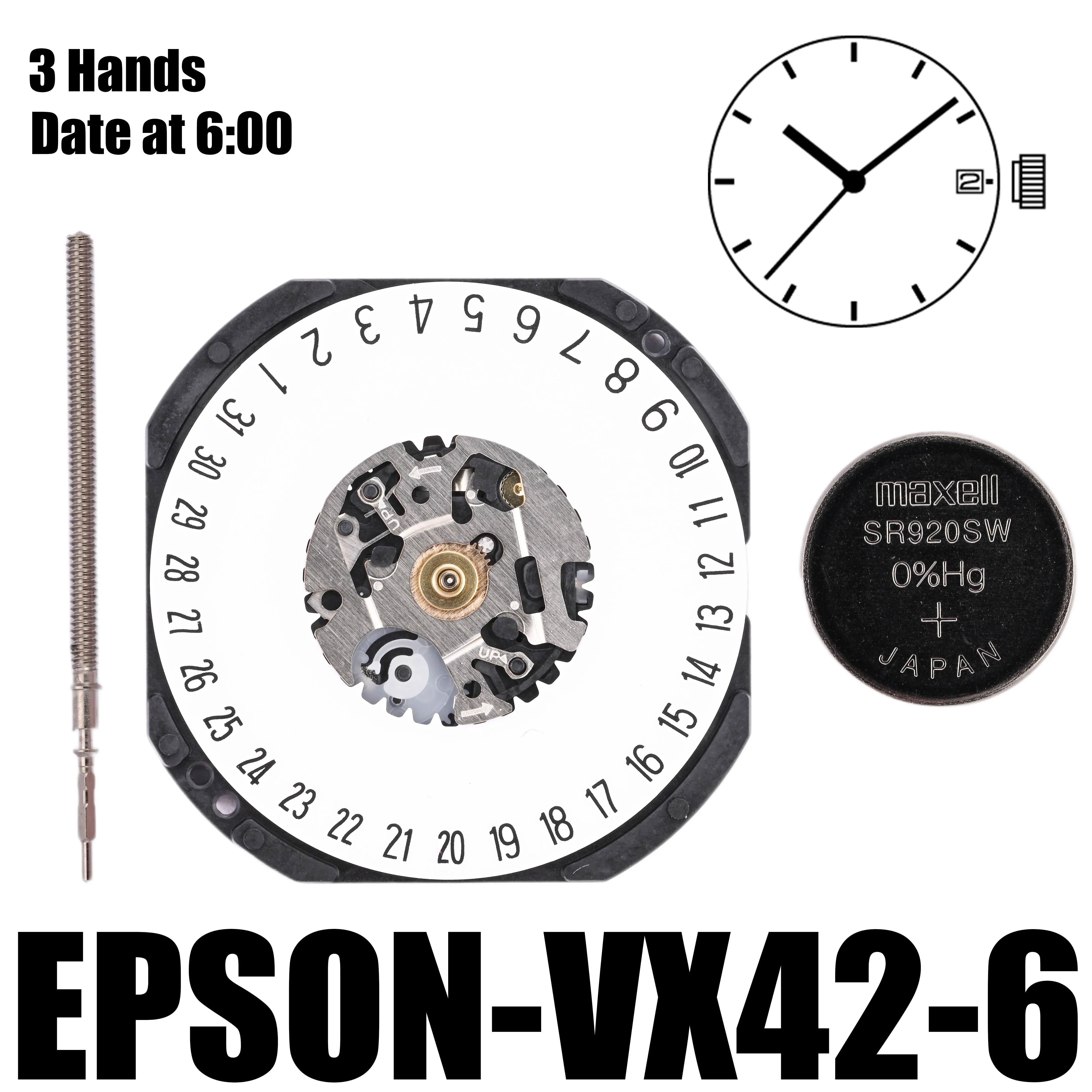 VX42 Movement Epson VX42E-6 Movement 3 Hands Date at 6:00 Size : 11 1/2''' Height: 2.62mm Battery Life: 3 years