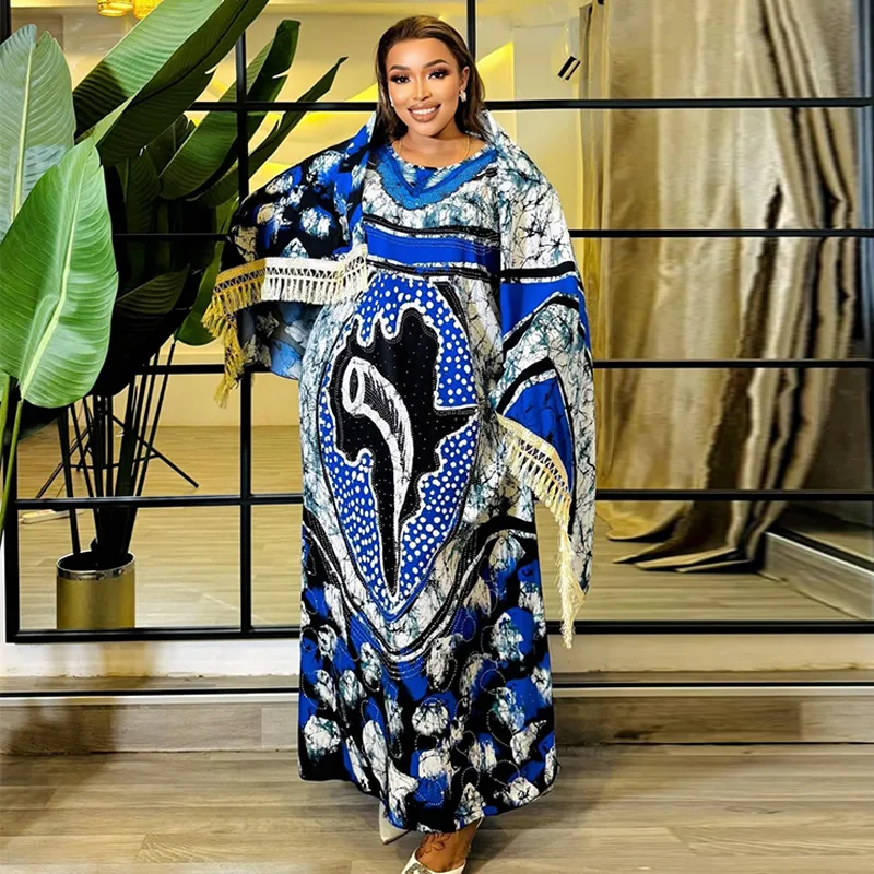 

Elegant Breathable Casual Large Scarf and Pocket Ethnic Embroidered Robe Abaya African Printed Cotton Women's Clothing 2025 New