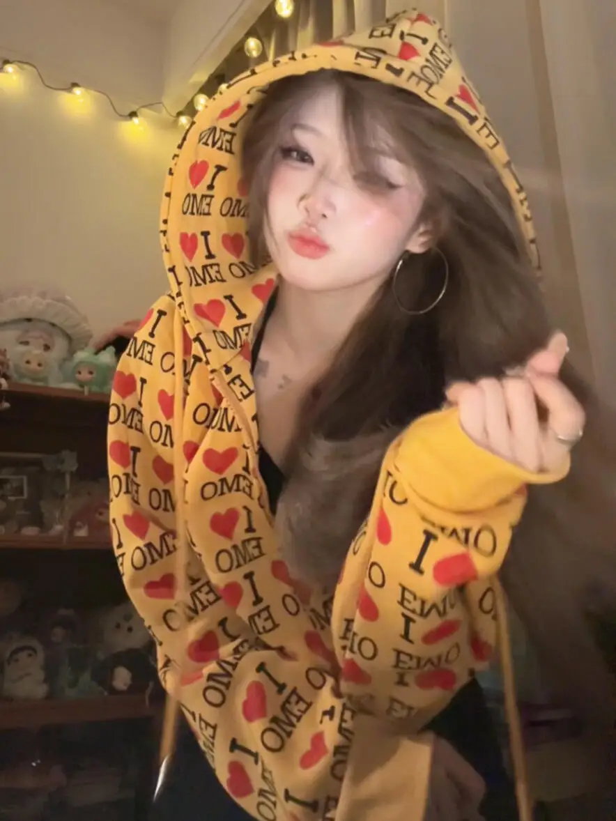 

Желтая толстовка с надписью в виде сердца, женская, весна-осень-зима, в американском и корейском стиле, свободный длинный кардиган, верхняя одежда