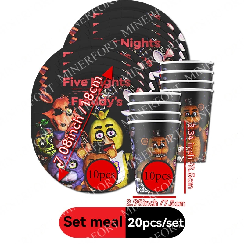 FNAF-decoración para fiesta de cumpleaños de Halloween, dibujos animados temáticos, conjunto combinado de cinco noches en Freddy, vasos de papel y platos, suministros para fiestas