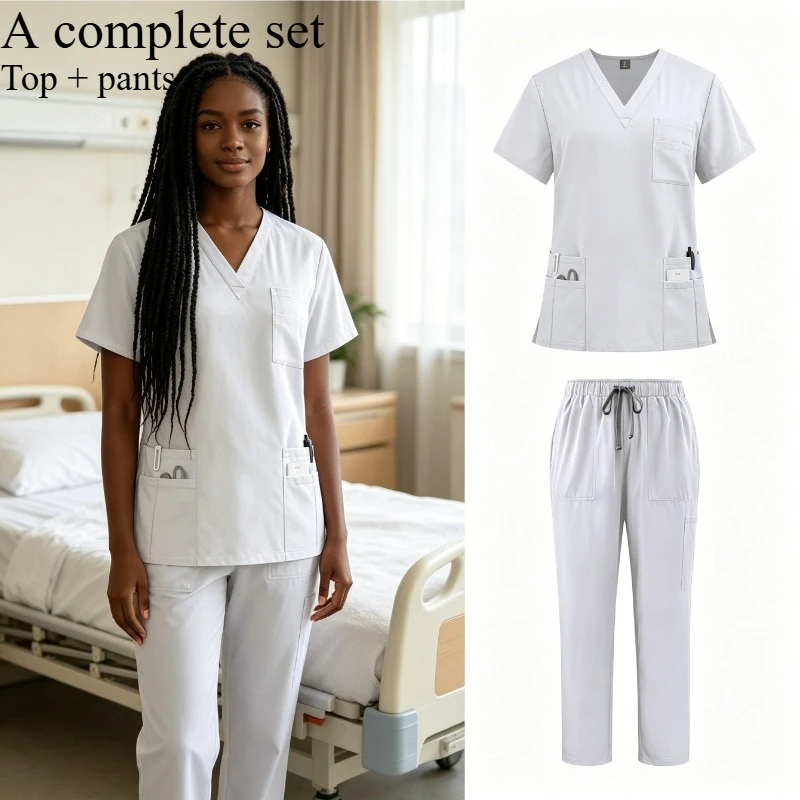 Women One Full Set Two Piece Salon Uniform Set Matching Short Sleeve Top and Pants Elastic Quick Dry Multi Pocket Beauty Salon