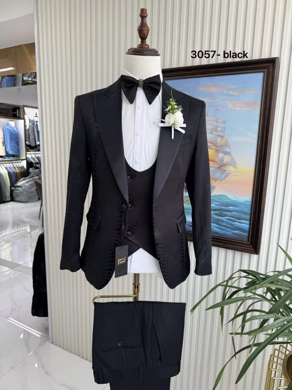 Luxury Men Black Crocodile Textured Tuxedo 3PCS Set Peak Lapel Formal Wedding Banquet Business Party Jacket Vest Pants Suit