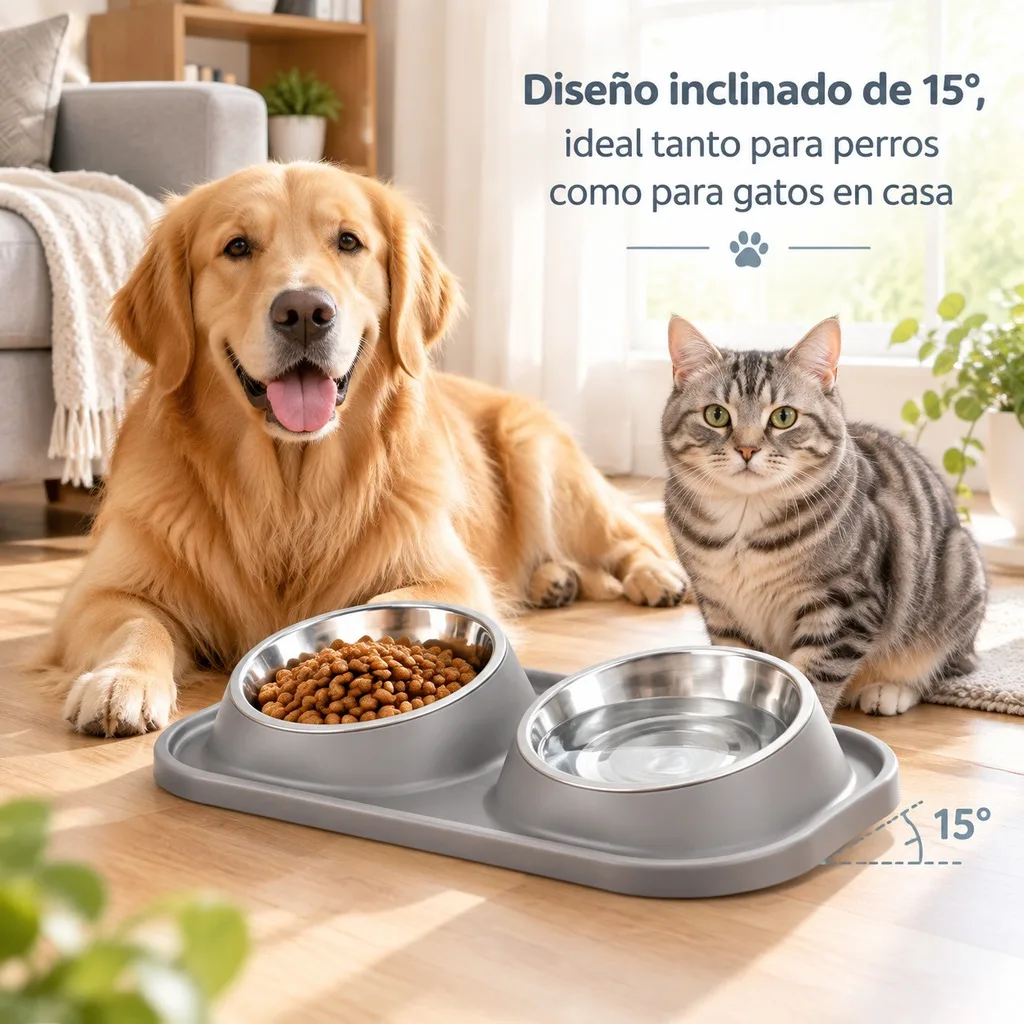 Comedero Doble para Perros y Gatos con Cuencos de Acero Inoxidable, Base Elevada con Inclinación de 15 Grados, Soporte de Plástico PP Antigoteo, Platos Desmontables para Mascotas