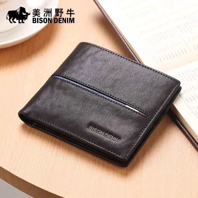 BISON DENIM Genuine Leather Wallet Men Brand Fashion Short Purses Coin Purse ID Credit Card Holder Slim Bifold Wallet Men N4437