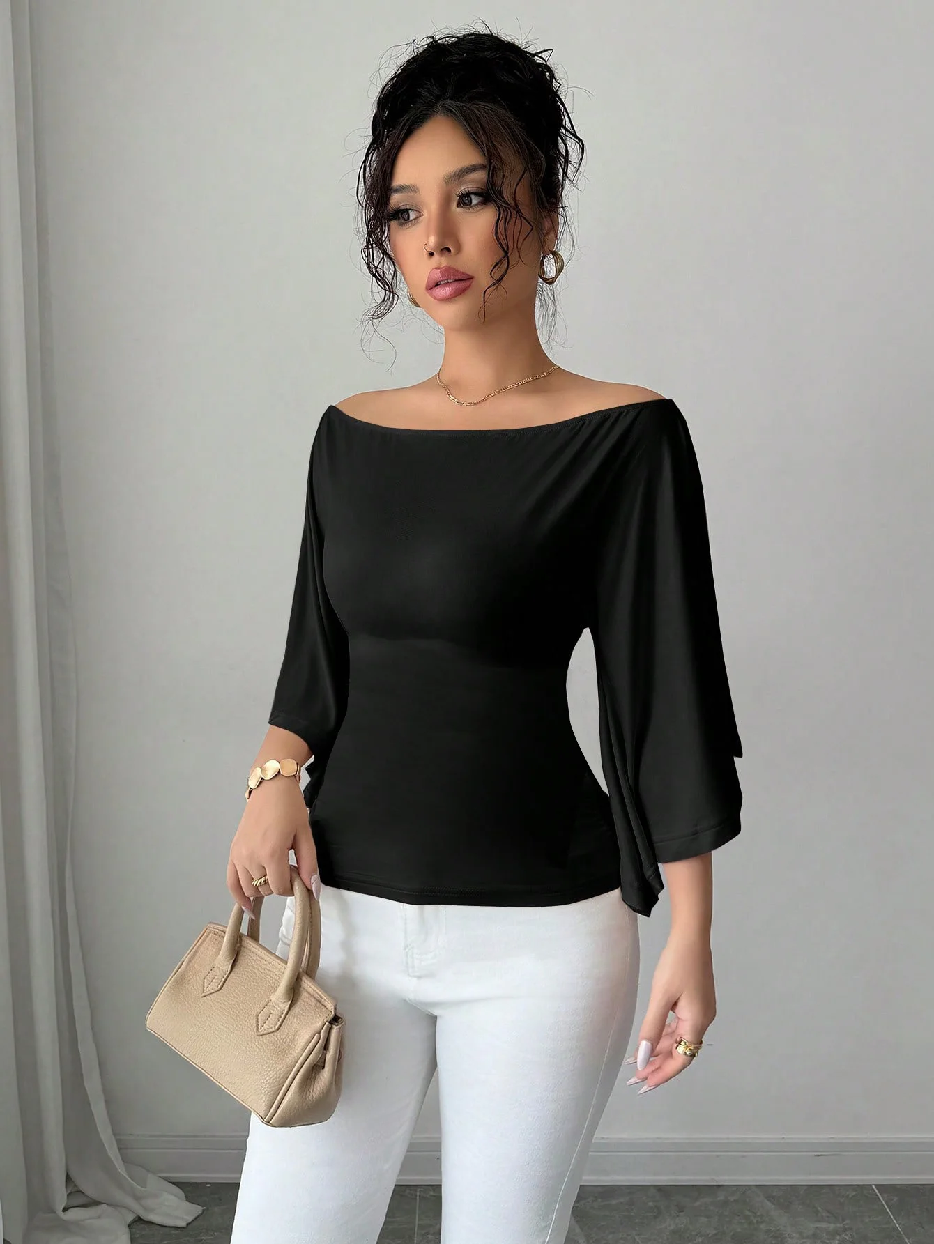 Nuevo top de manga de murciélago de un solo hombro de color liso para mujer, elegante vestido de mujer de media manga con un toque de diseño