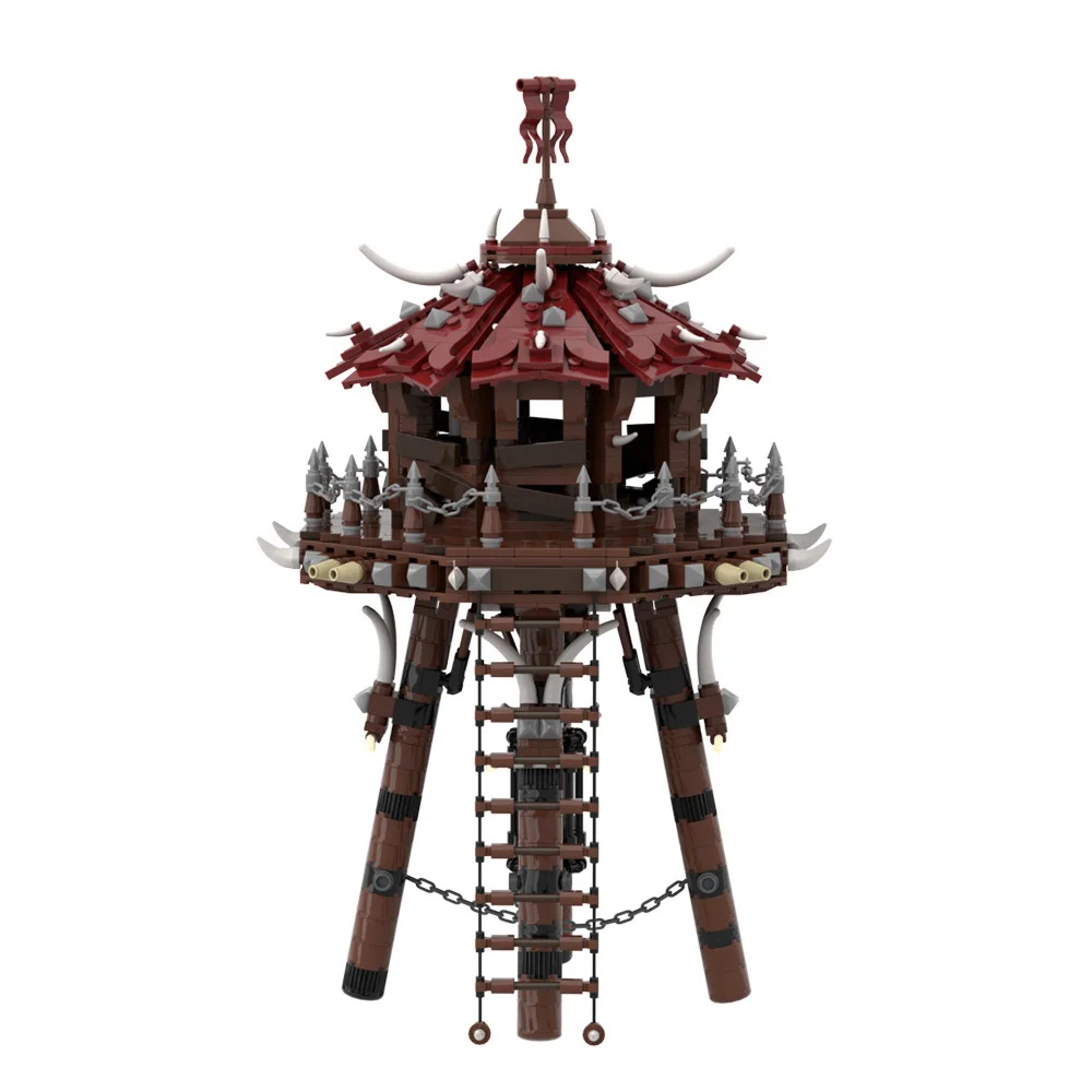 MOC Mittelalterlichen Ork Bogenschießen Turm Modell Bausteine Wachturm Verteidigung Turm Tribal Festung Architektur Ziegel Spielzeug Geschenk