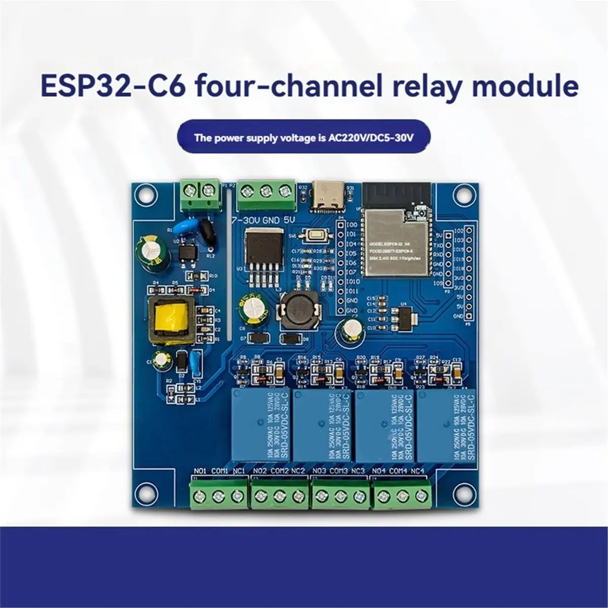 -C6 WiFi6 BLE 4CH Relay Module Development Board AC220V/DC5-30V for Smart Homes Wireless Control