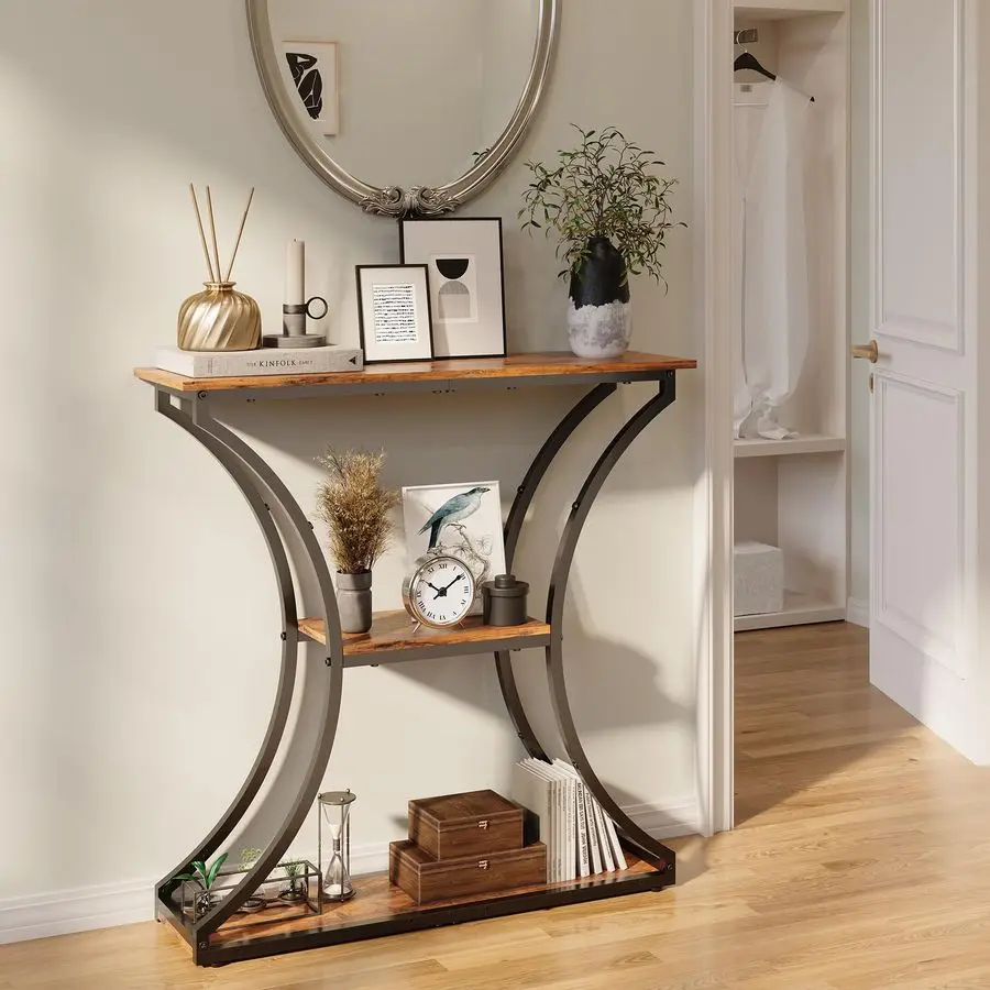 

Narrow Console Table for Entryway, Industrial 3Tier Sofa Table Behind Couch, 29.5 Height TV Stand with Storage Shelves for Livi