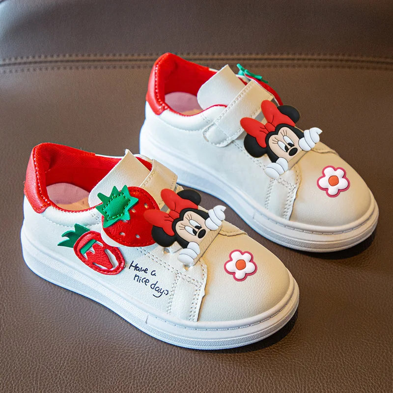 

Маленькие белые туфли для девочек Disney, новые весенние корейские модные студенческие туфли с Микки Маусом и Минни, кожаная детская спортивная обувь