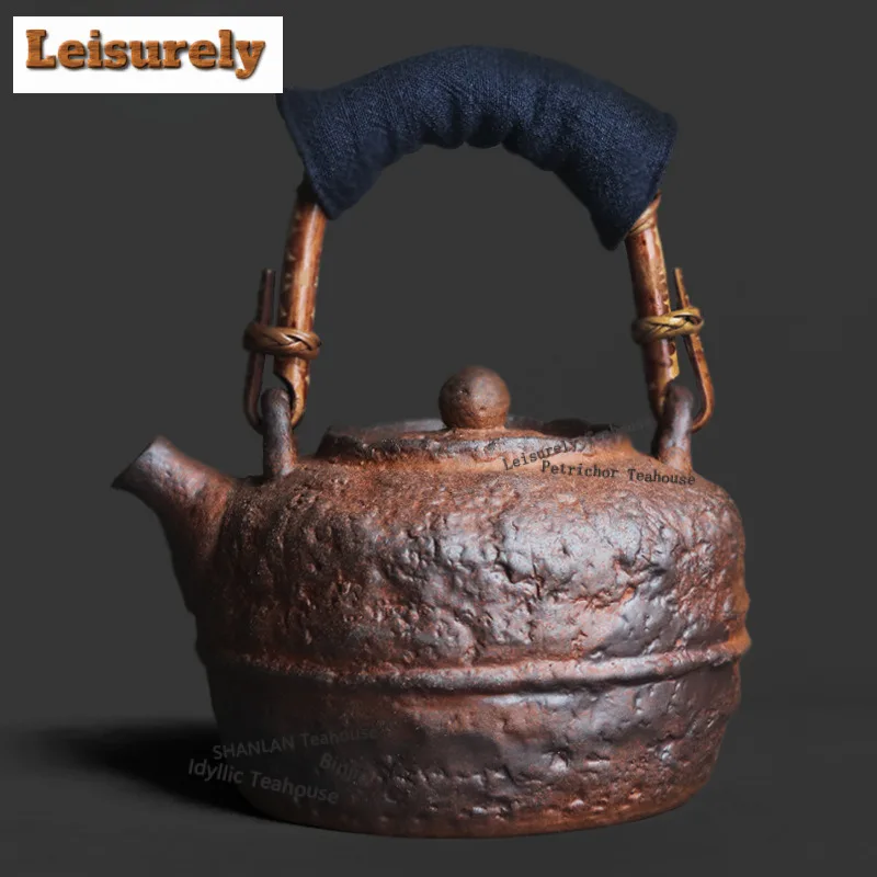 

780ml Coarse Pottery Stone Pattern Handle Boiling Water Kettle Large Capacity Tea Making Pot Yellow Rice Wine Kettle Drinkware