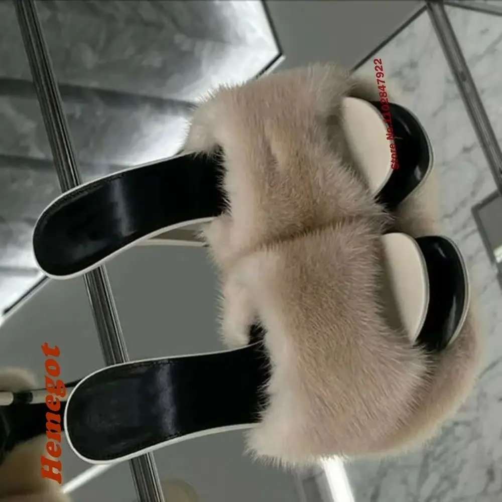 Plush Worm Slippers Peep Toe Stiletto Thin Heels Slip On Mules Solid Patchwork Summer Outside 2025 New Female Shoes Elegant Sexy