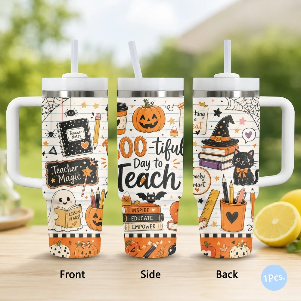 Halloween Teacher Vacuum Flasks 40oz Stainless Steel Insulated Tumbler with Handle & Straw Leakproof Travel Mug