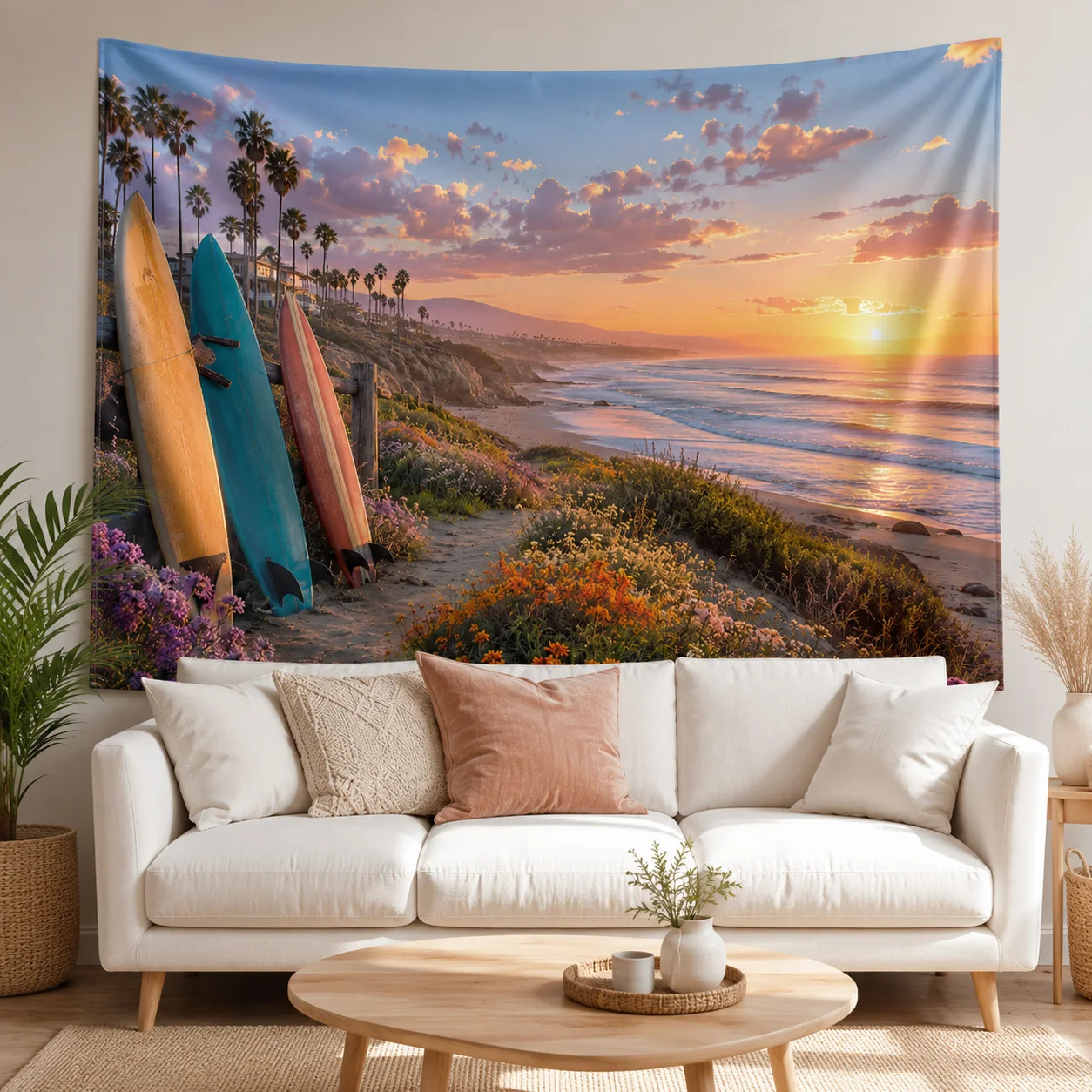 Surfboard Beach Tapestry Wall Hanging Coastal Boho Room Decor Aesthetic Living Bedroom Sunset Nature Scenery Hanging Cloth