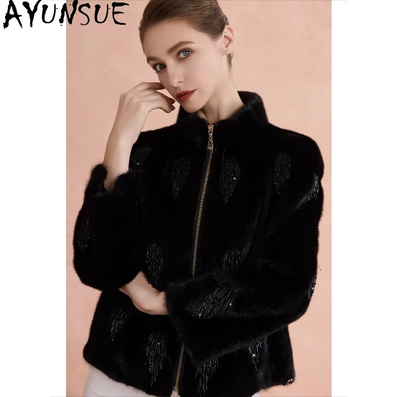 AYUNSUE Mink Fur Coats Woman Winter Real Fur Jacket Black Fur Coat Woman New in Outerwears Luxury Woman Clothing Шуба Женская
