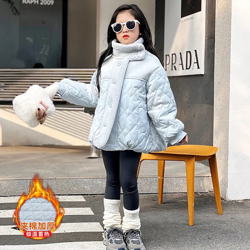 سترة قطن مبطنة خفيفة الوزن ملابس خارجية شتوية دافئة للفتيات 2025 جديد عصري طالب خليط الخبز النمط الكوري الإصدار 4-14Y