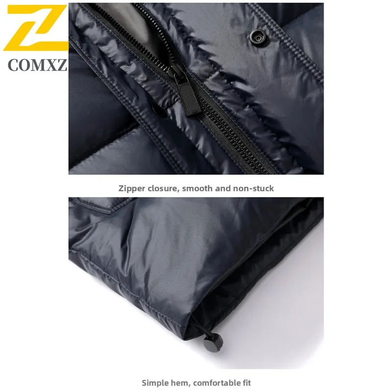 COMXZ Men Warm 90% white duck Down Jacket Winter Business Casual Removable Down Liner Hood Puffer Coat Outwear Solid Thick Parka