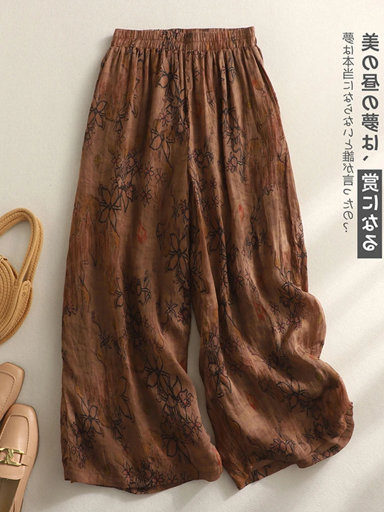 Retro uitlopende broek Casual linnen print Hoge taille Afslankende wijde pijpen broek voor grote maten Dames Zomer Negen punten Rechte snit