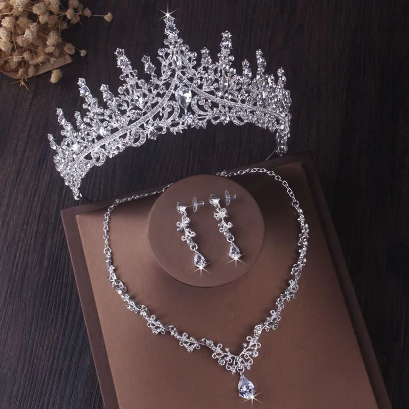 Itacazzo Bridal Headwear Luxury Silver-Color Crystal Water Drop Rhinestone Tiara Necklace Earrings Wedding 4 Pcs Jewelry Set