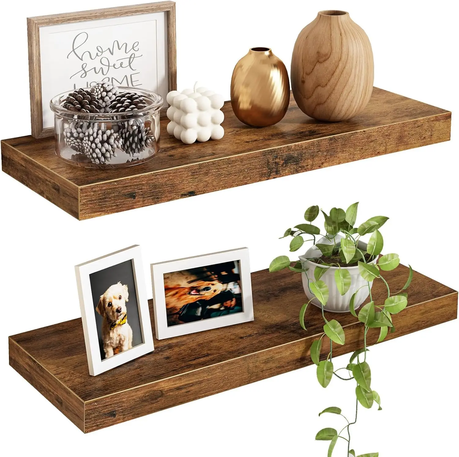 

15.7" Floating Shelves Set of 2, Rustic Brown Wall Mounted for Living Room, Bedroom, Bathroom, Kitchen