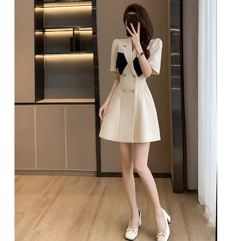 Elegant Notched collar Short Puff Sleeves A-line Mini Blazer Dresses Women Summer New Bow Ruched Slim OL Short Dress Vestidos