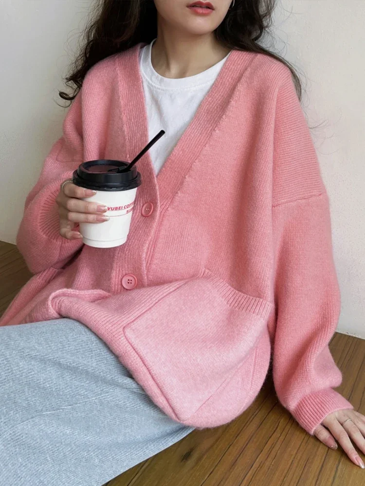 

Oversized Knitted Cardigan Women Autumn Winter Preppy Style Knit Sweater Female Korean Fashion Sweet V Neck Button Knitwear Coat