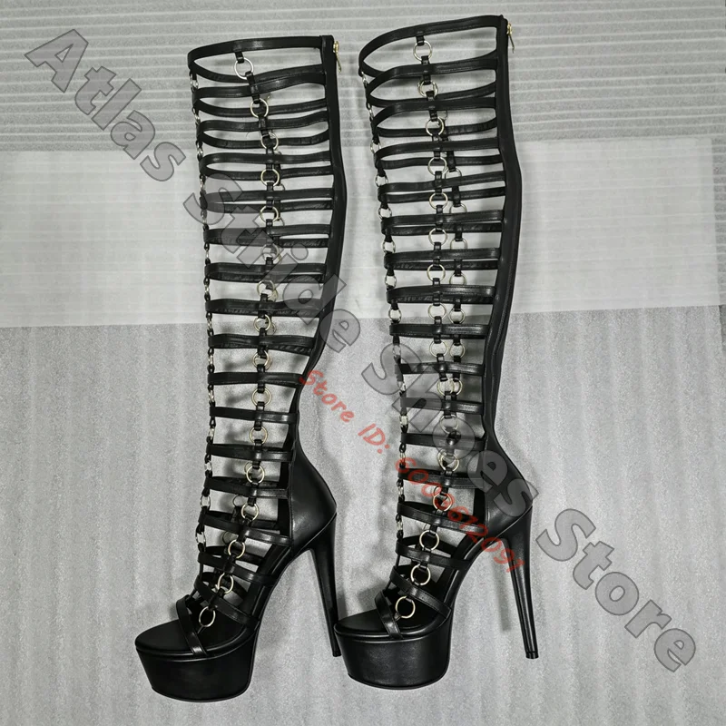 Black Gladiator Over Knee Platform High Heel Boots Gold Metal Ring Chain Cutout Open Toe Back Zip Gothic Stage Fashion Shoes
