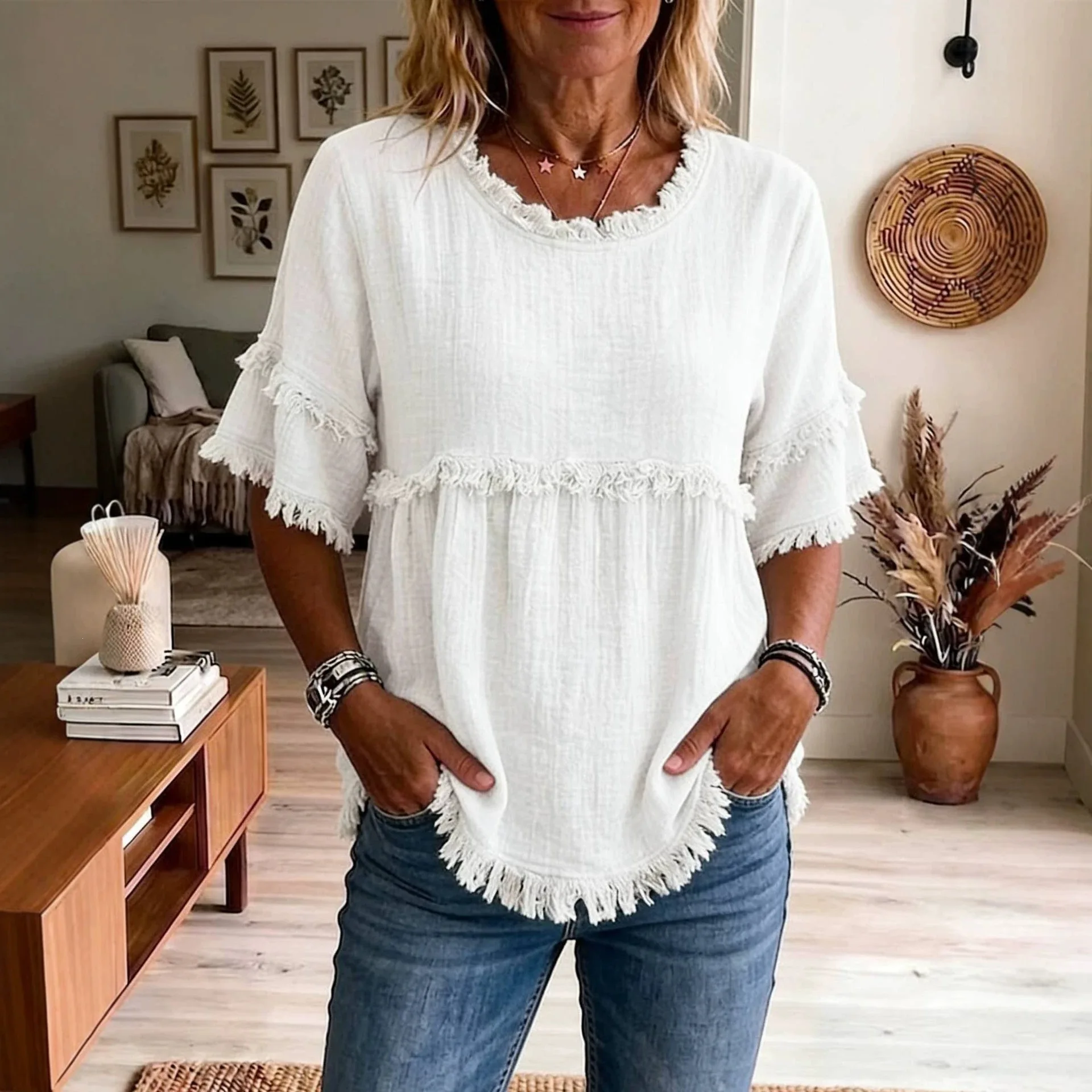 New Arrival Women's Solid Color Round Neck Fringe Seven Sleeve Loose Blouse Soft Comfort Casual Elegant Versatile Daily T Shirt