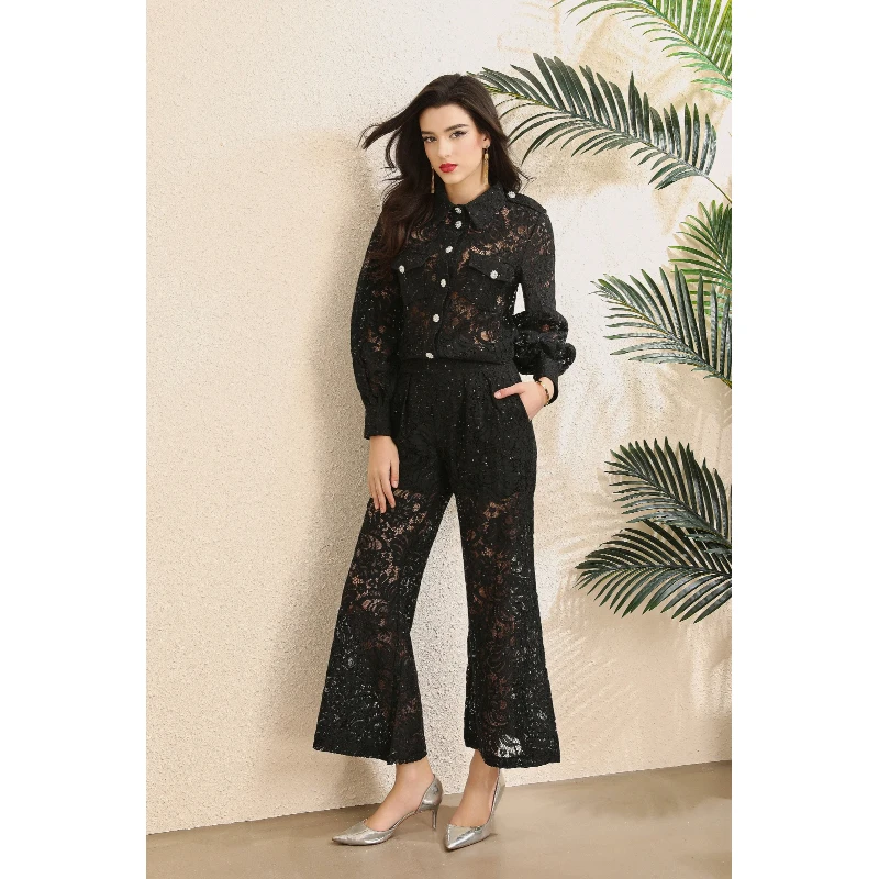 Women Elegant Lace Sequin Two Piece Set Lapel Long Sleeve Shirt High Waist Pocket Flared Pants Formal Party Matching Suit