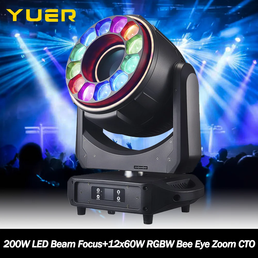 200w LED Beam Focus 13 Colors 9 Gobos 2 Prisms+12x60w RGBW Bee Eye Zoom Point Control CTO DMX512 for DJ Disco party bar wedding