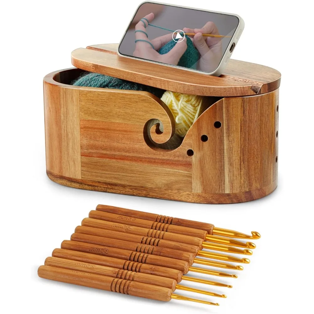 

Large Acacia Wood Yarn Bowl with Lid and 9 Metal Crochet Hooks, Oval Design for Tangle-Free Knitting