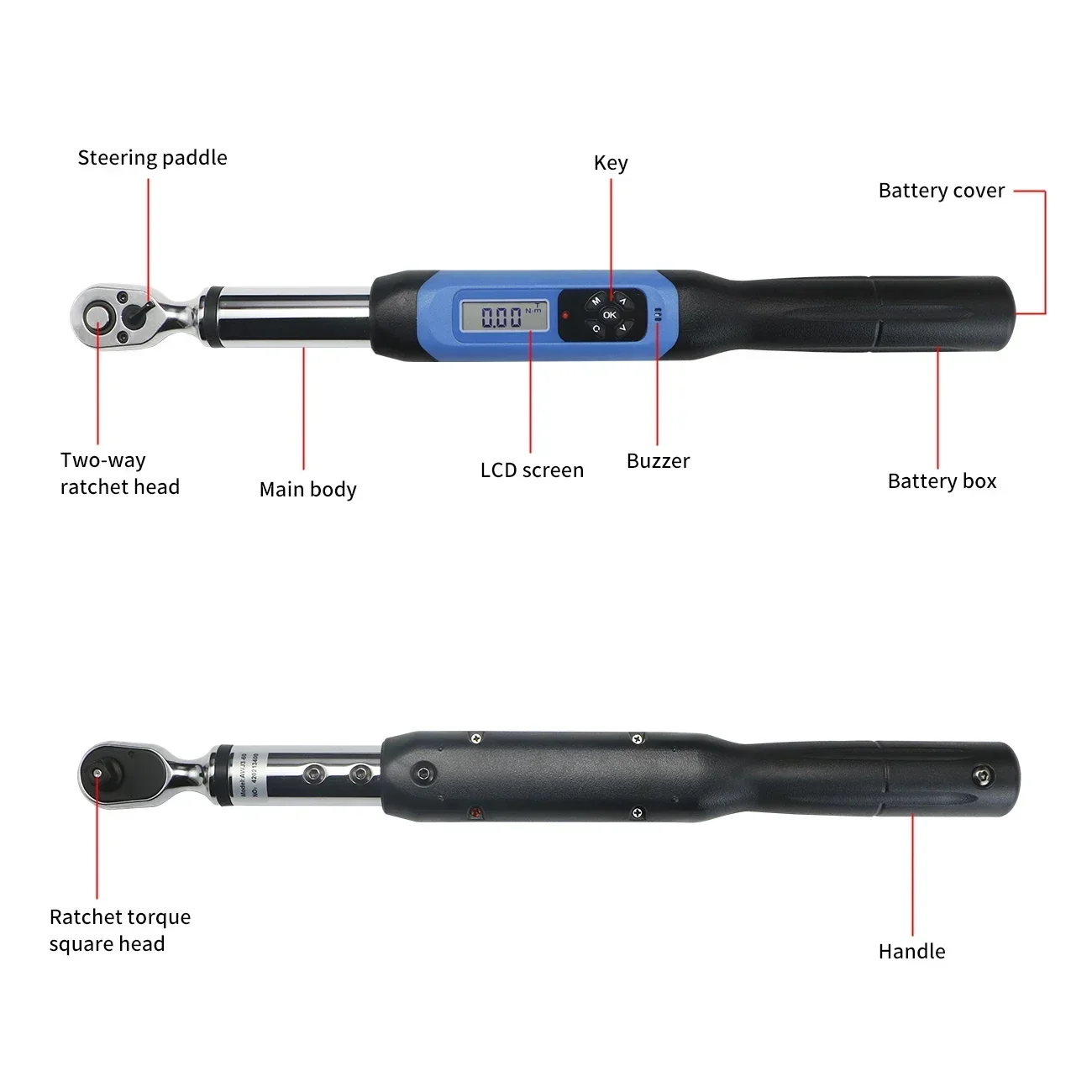 Shahe1/2'' Electronic Torque Wrench Double-side Bidirectional Ratchet Head Adjustable Torque Wrench Digital AWJ4