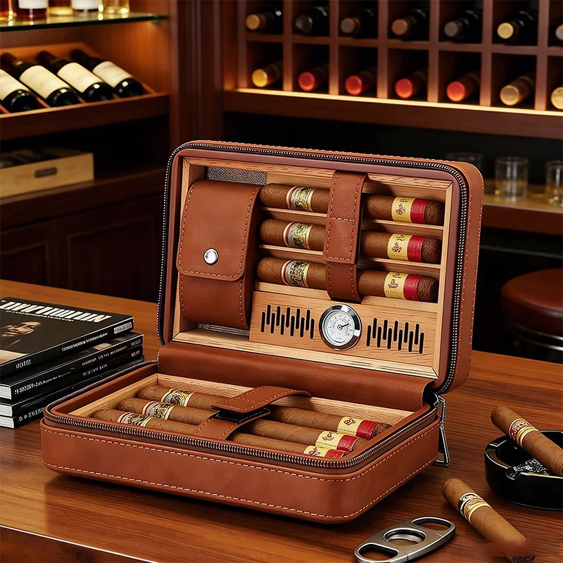 Portable Travel Cigar Case PU Leather Cigar Humidor with Cedar Wood Liner & Hygrometer,Hand Carry Cigar Storage Bag for Men Gift