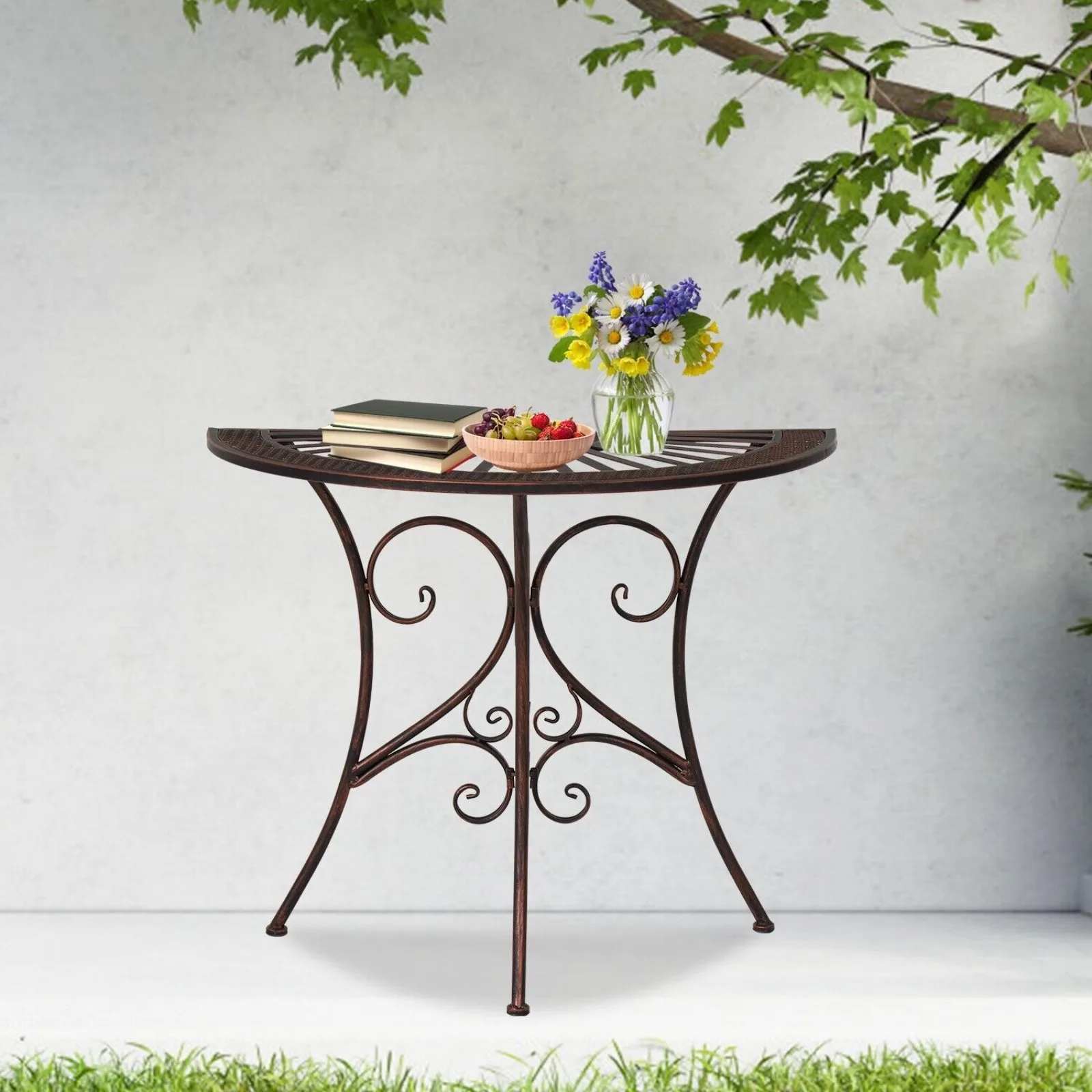 

US Outdoor coffee table metal terrace table semi-circular indoor control console table bronze-