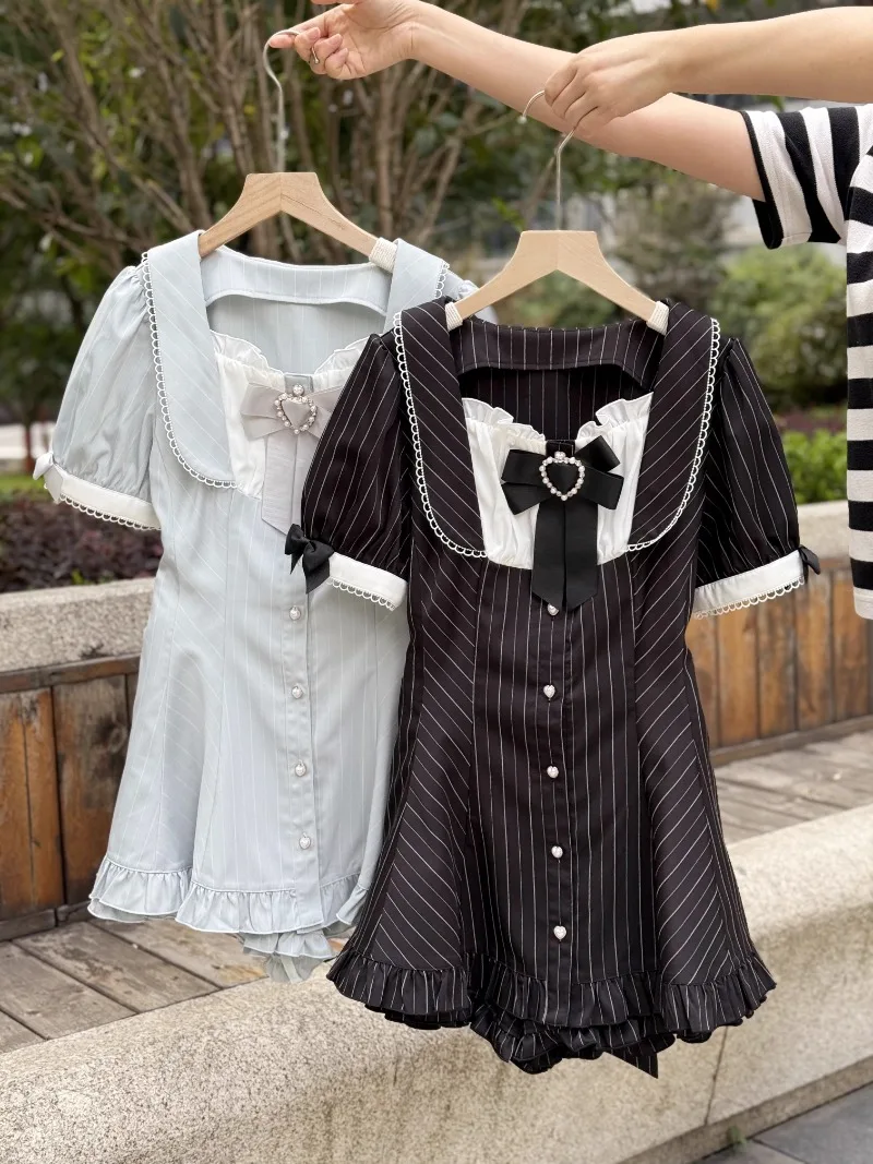 

Summer New Lolita Suit Sweet Cute Japanese Bow Striped Single-breasted Slim-fitting Short-sleeved Top and Shorts Two Piece Set