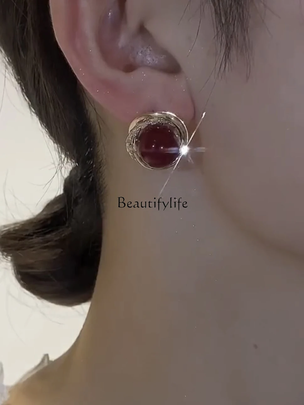 Red Bean Earrings Retro Hong Kong Style High-Grade Elegant Red Ear Buckle Fashionable Silver Needle Hot Earrings