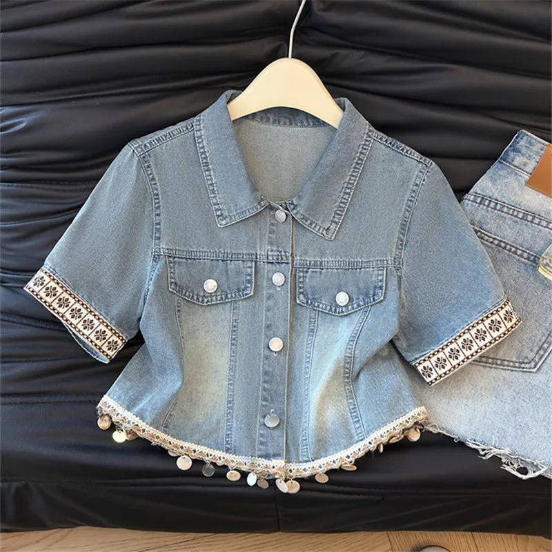 

Harajuku Vintage Blue Slim Thin Short Denim Jacket Spring Summer New Women Cowboy Outerwear Lapel Short Sleeve Jeans Jacket Coat